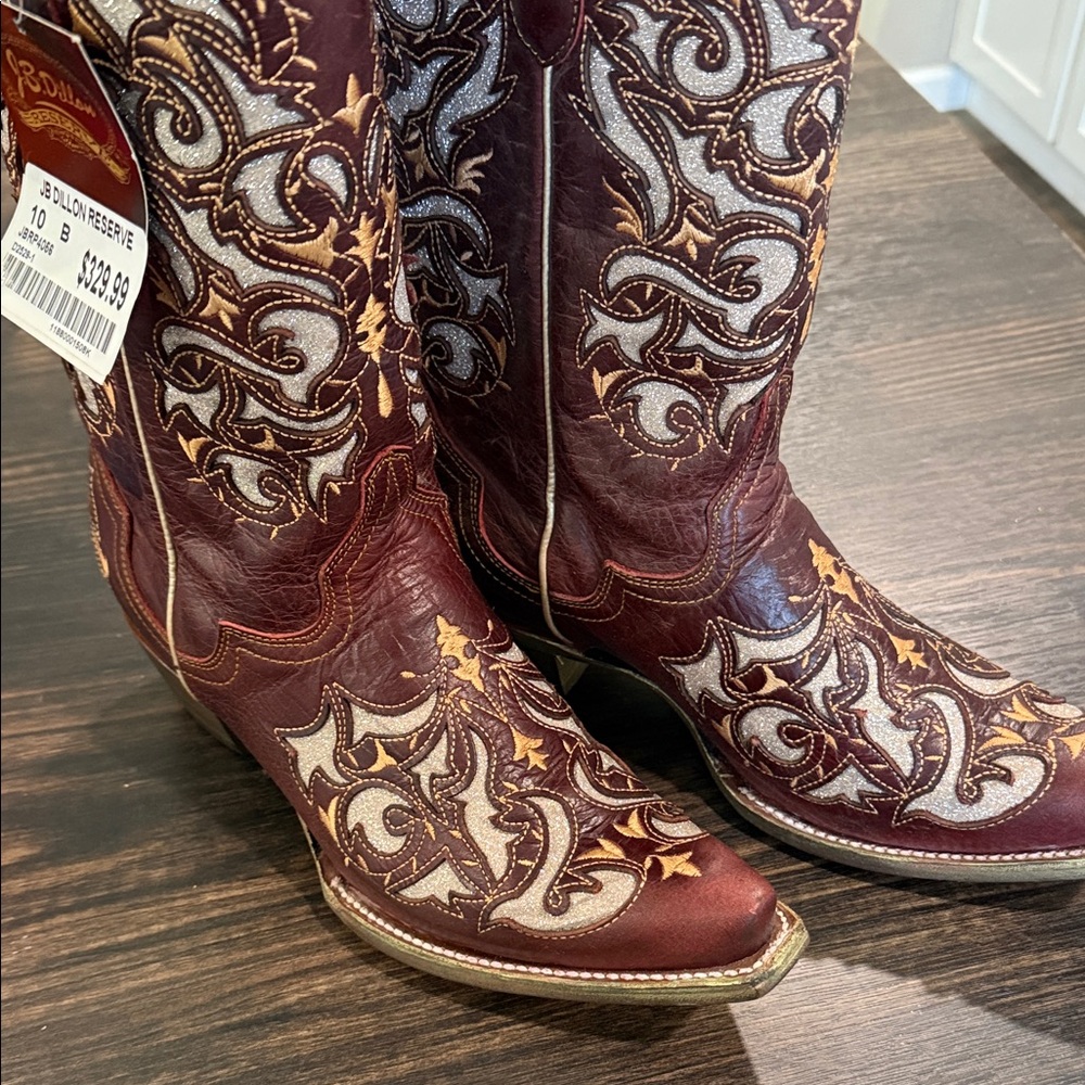 J.B. Dillon Burgundy and Cream Heeled Boots